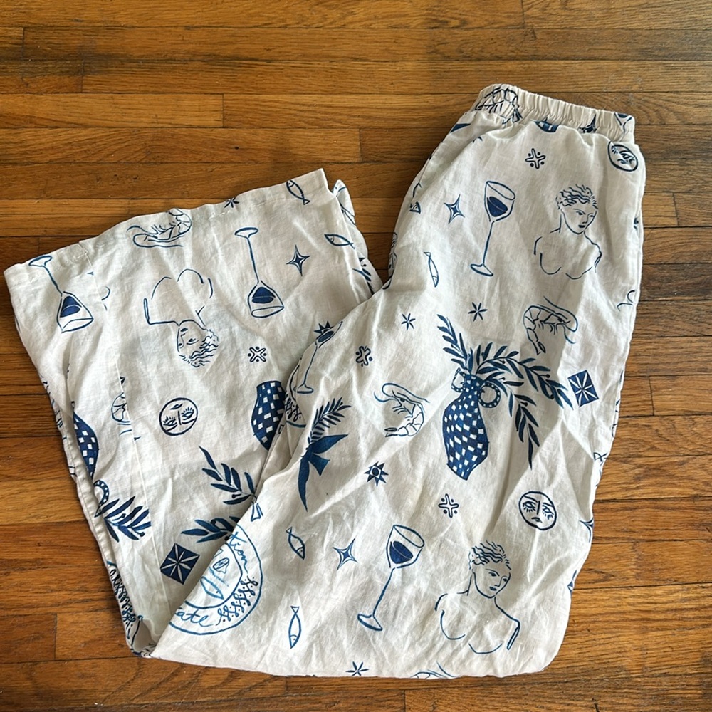 Women's Linen-Blend Blue & White Printed Wide-Leg Pants